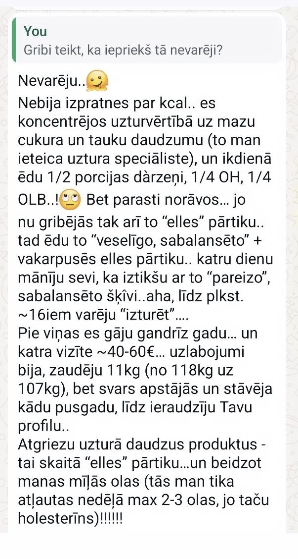 Atsauksmes ekrānuzņēmums: Pēc gada pie uztura speciālistes