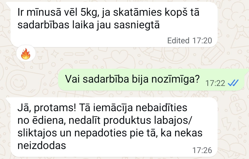 Atsauksmes ekrānuzņēmums: Vēl −5 kg pēc sadarbības